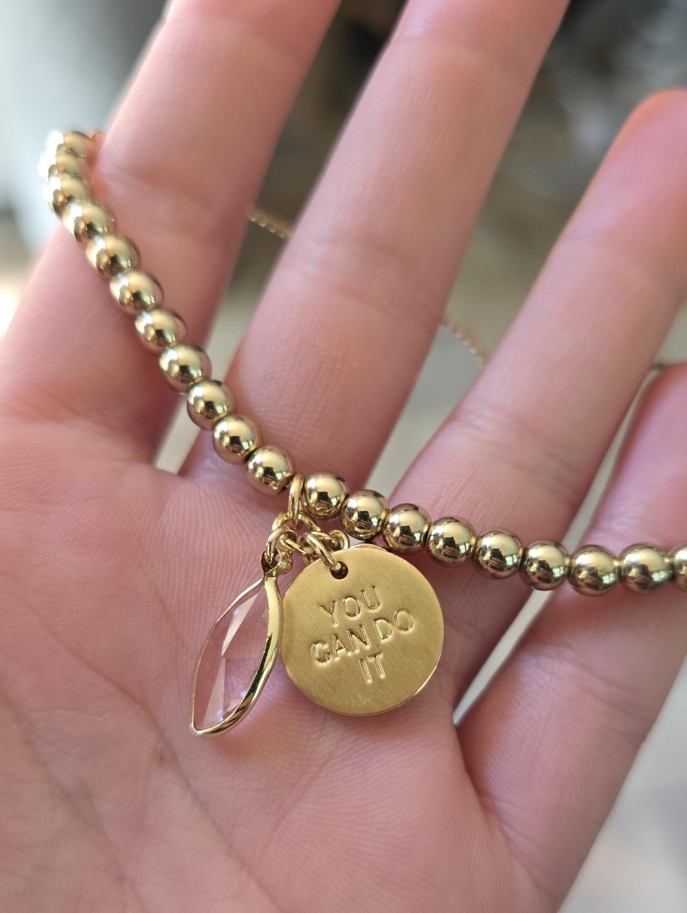 Gold Beaded Charm Bracelet - "You Can Do It" Inspirational Disc